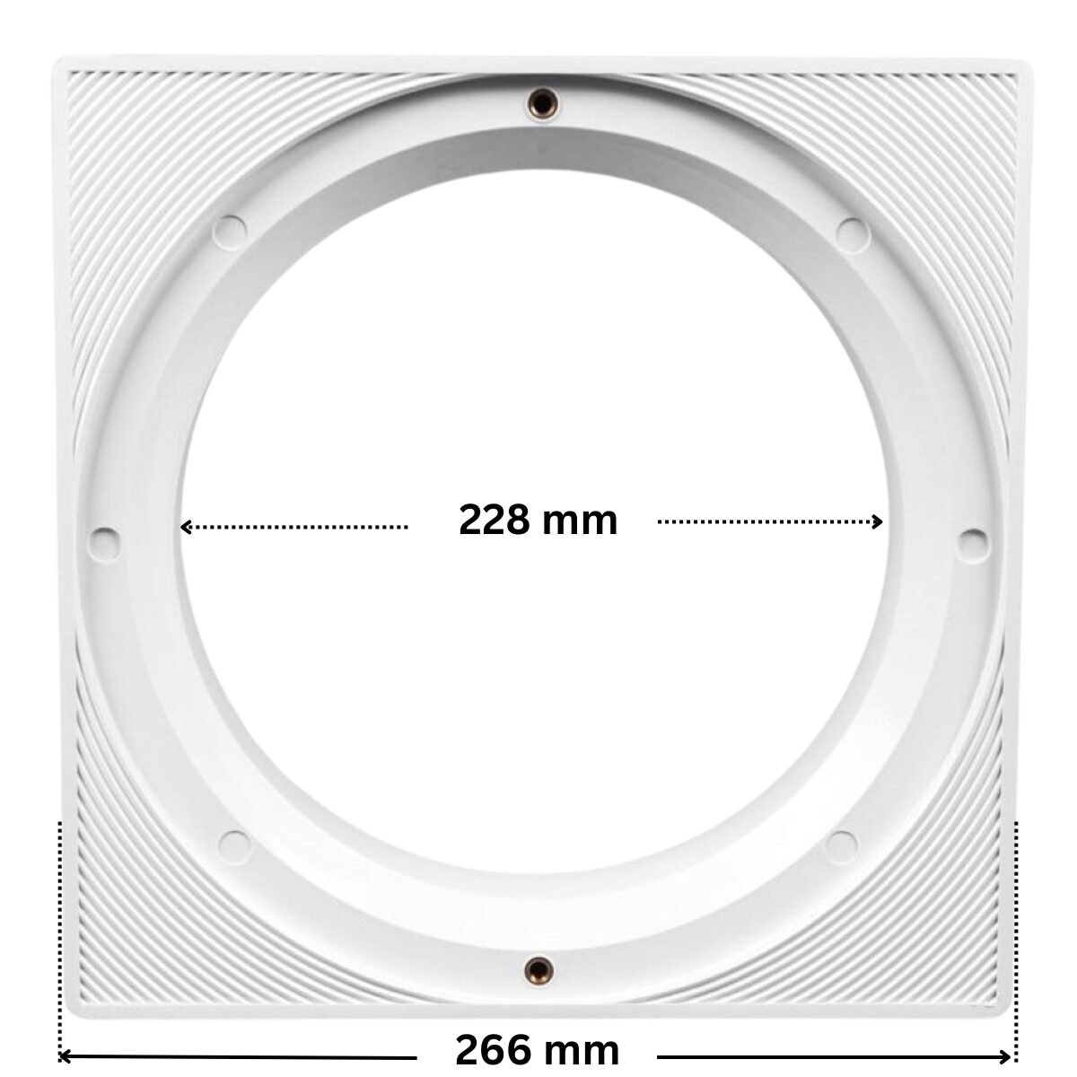 Cornice per coperchio ricambio per skimmer HD100 Certikin con foro centrale rotondo. Dimensioni indicate: larghezza massima esterna 266 mm, diametro foro centrale 228 mm.