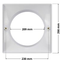 Cornice per Coperchio ricambio per skimmer SP1082, SP1084, SP1085, SP1085C, Hayward con quote dimensionali: larghezza esterna 266 mm, diametro interno 209, interasse fori viti di fissaggio 230 mm.