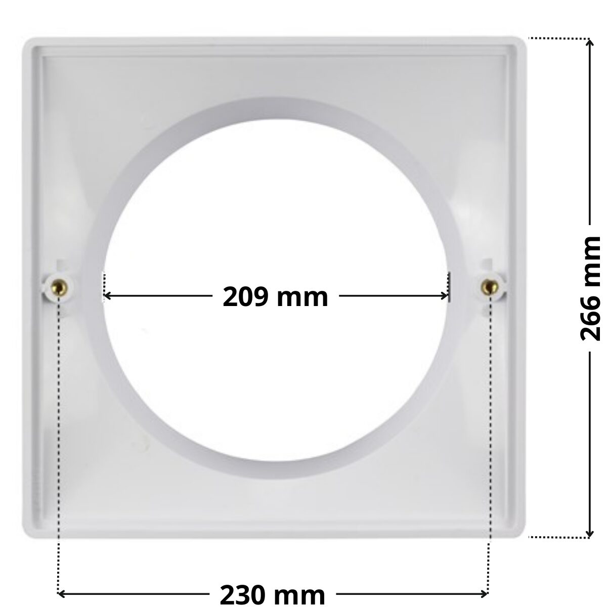Cornice per Coperchio ricambio per skimmer SP1082, SP1084, SP1085, SP1085C, Hayward con quote dimensionali: larghezza esterna 266 mm, diametro interno 209, interasse fori viti di fissaggio 230 mm.