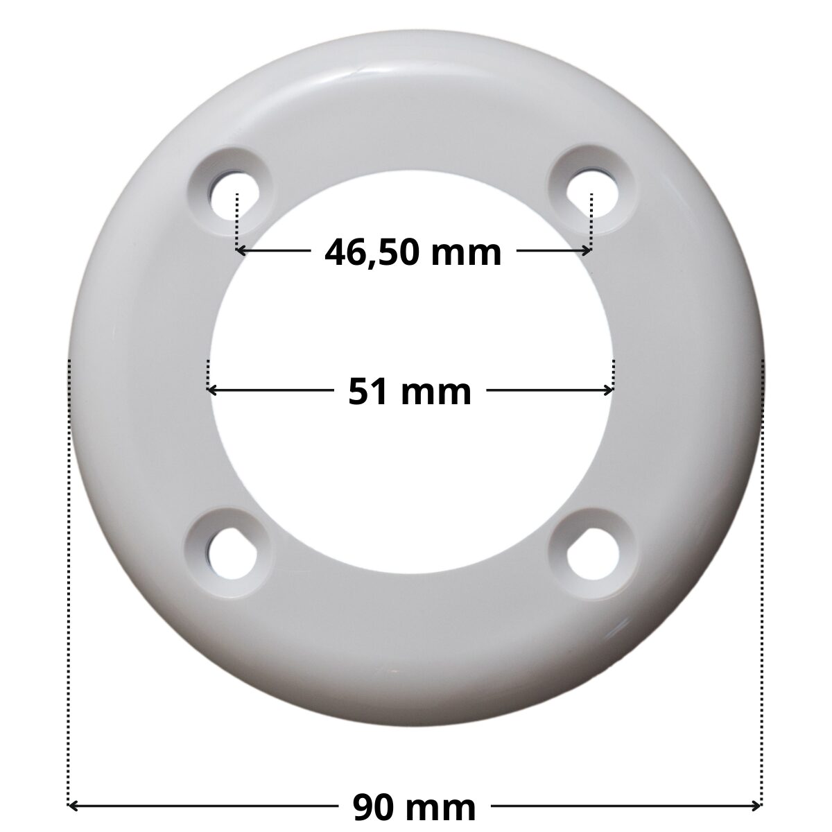 Flangia ricambio per bocchetta a parete SP1408E SP1408ELL Hayward con quote dimensonali: diametro esterno 90 mm , diametro interno 51 mm e interasse fori di fissaggio 46,50 mm
