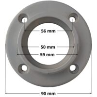 Flangia ricambio per bocchetta a parete vecchio modello Pool's con quote dimensionali: diametro esterno 90 mm , diametro interno filettatura 50 mm e diametro esterno filettatura 59 mm e interasse fori di fissaggio 57 mm