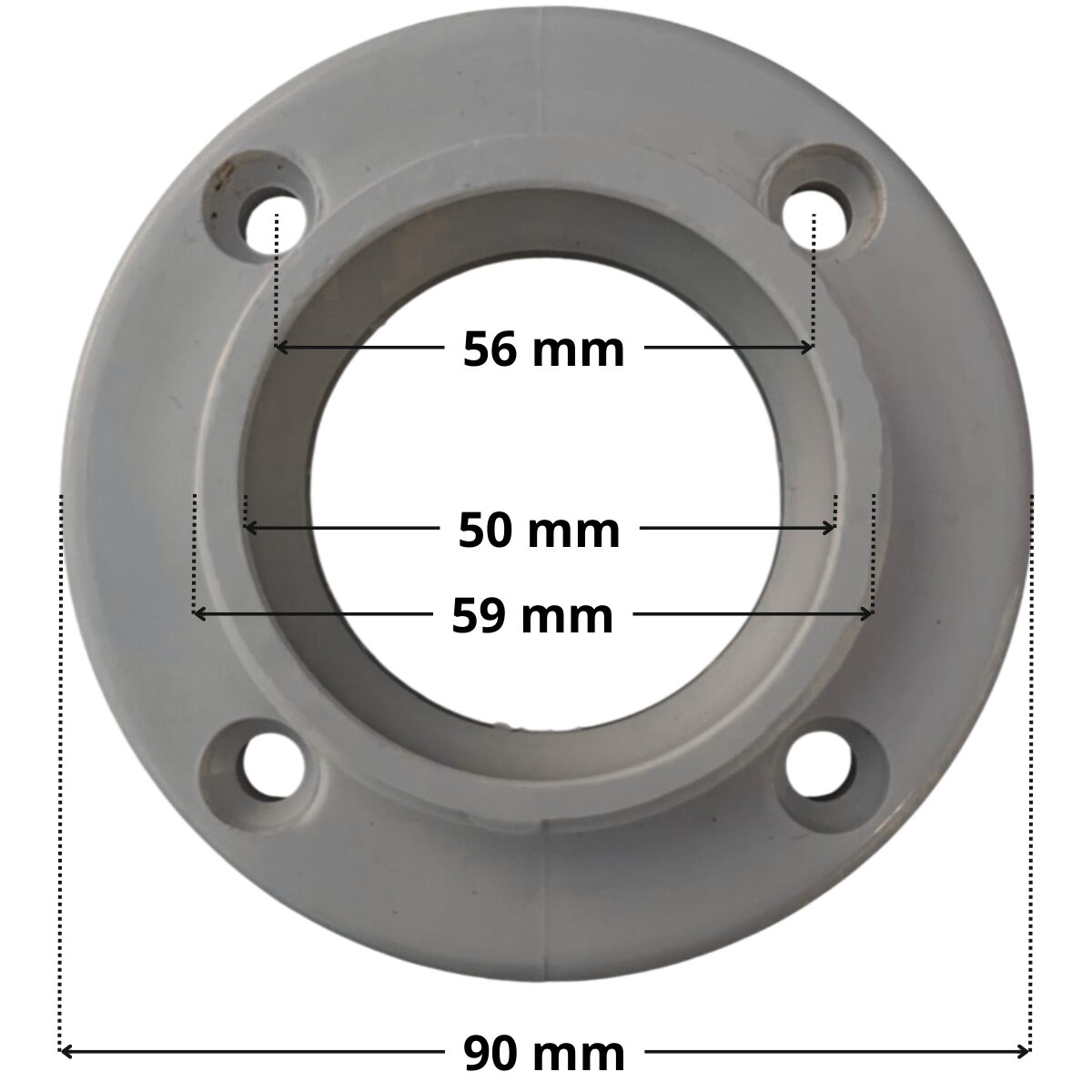 Flangia ricambio per bocchetta a parete vecchio modello Pool's con quote dimensionali: diametro esterno 90 mm , diametro interno filettatura 50 mm e diametro esterno filettatura 59 mm e interasse fori di fissaggio 57 mm