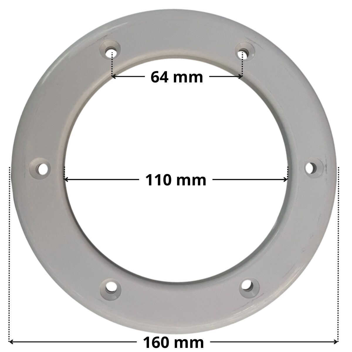 Flangia ricambio per bocchetta a pavimento Pool's con quote dimensonali: diametro esterno 160 mm , diametro interno 110 mm e interasse fori di fissaggio 64 mm
