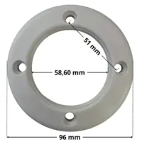 Flangia ricambio per faro montato su bocchetta a parete Pool's con quote dimensionali: diametro esterno 96 mm, diametro interno 58,60 mm, interasse fori 51 mm.