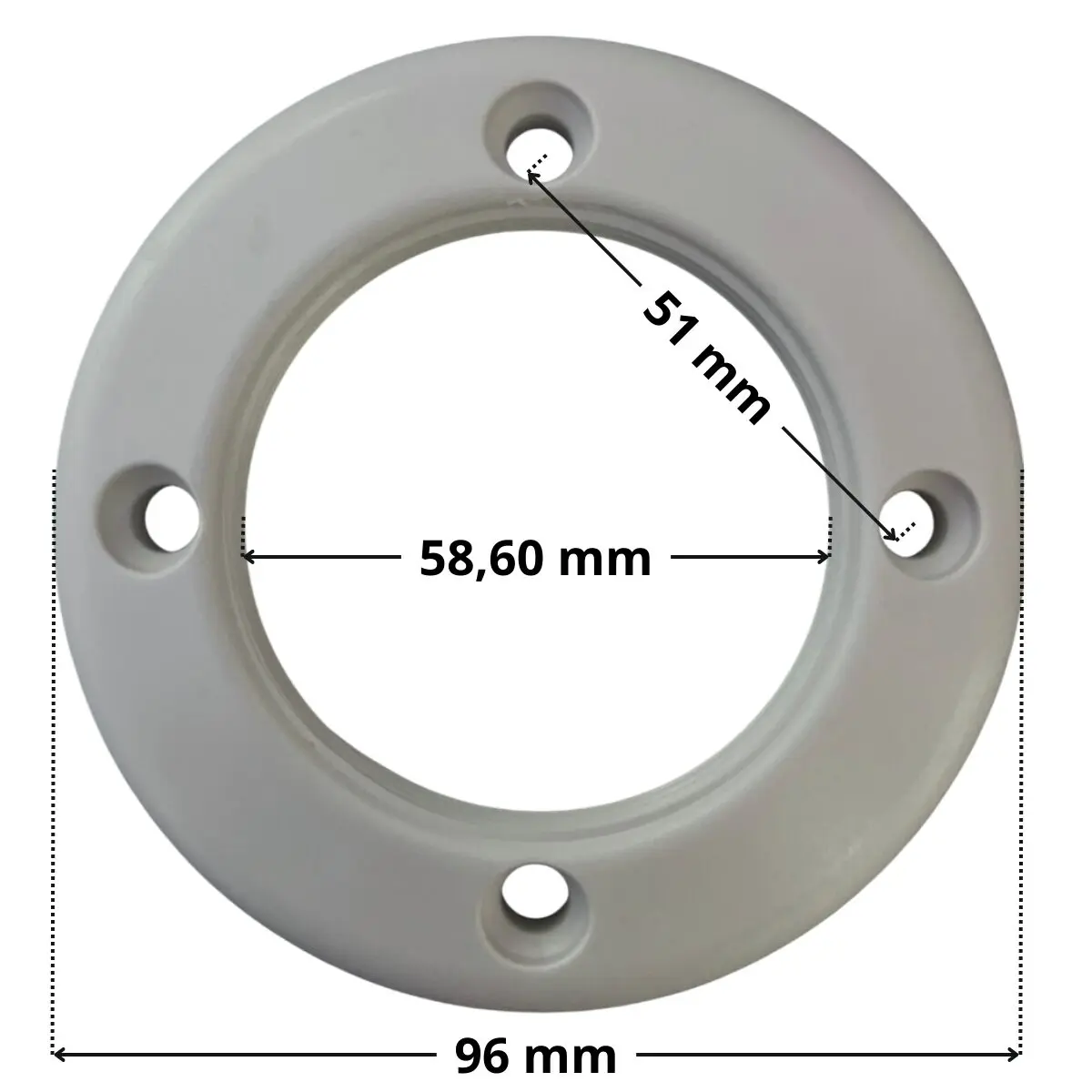 Flangia ricambio per faro montato su bocchetta a parete Pool's con quote dimensionali: diametro esterno 96 mm, diametro interno 58,60 mm, interasse fori 51 mm.