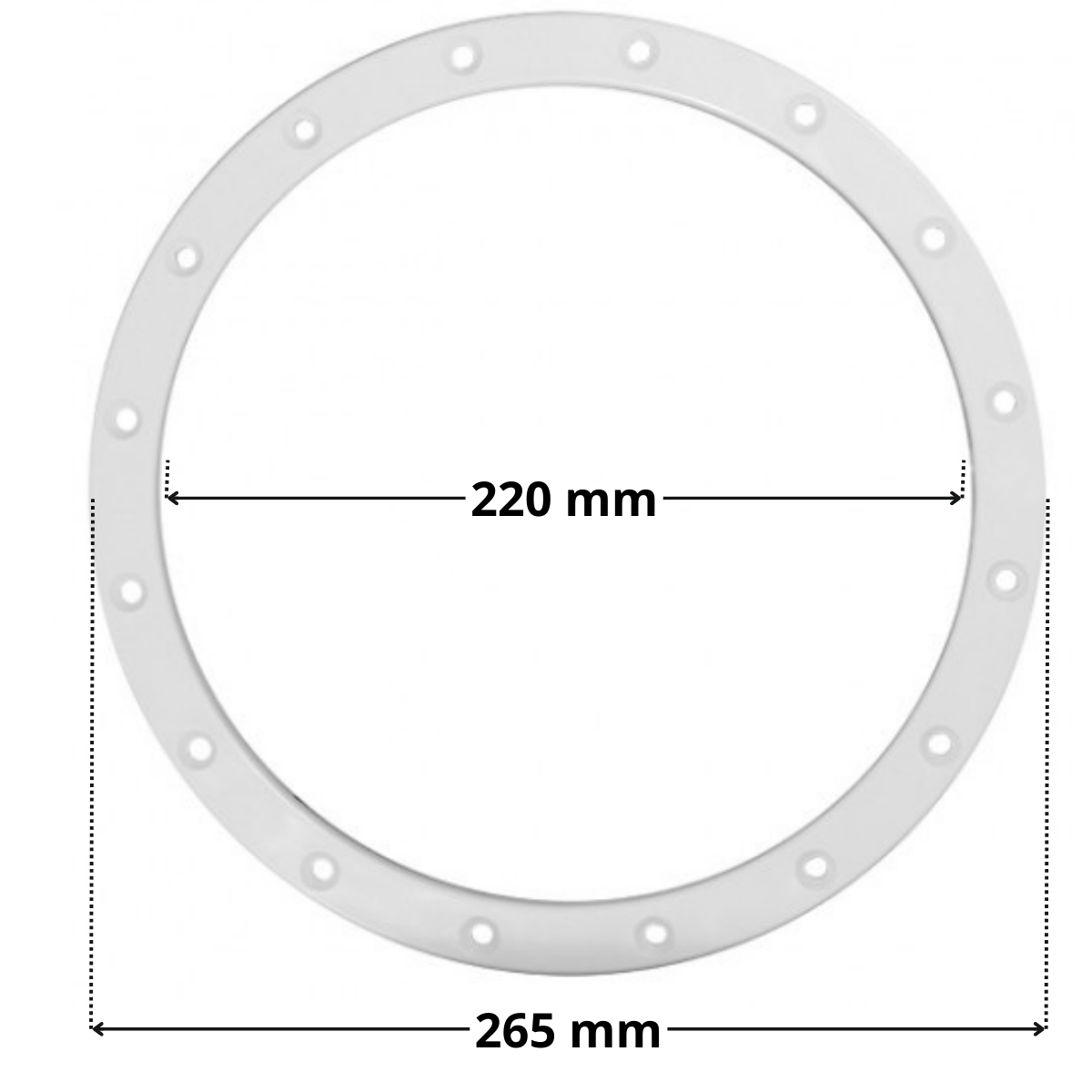 Flangia ricambio per faro subacqueo Cofies con quote dimensionali: diametro esterno 265 mm e diametro interno 220 mm.