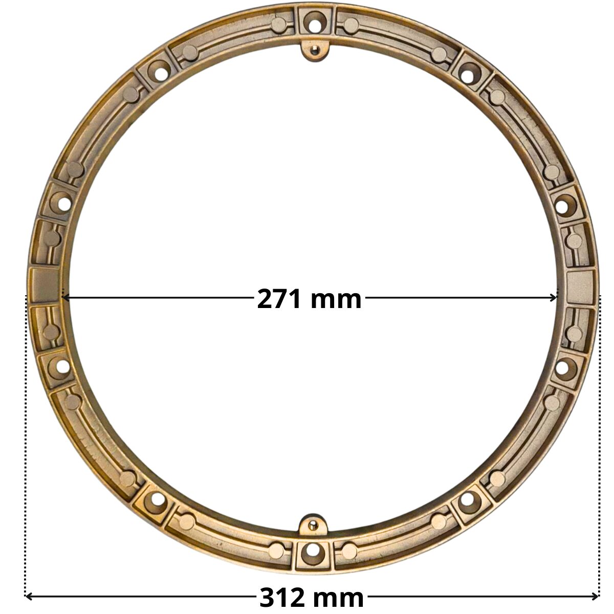 Flangia in ottone ricambio per faro subacqueo EX 300 watt Pool's con quote dimensionali diametro esterno 312 mm diametro foro centrale 271 mm