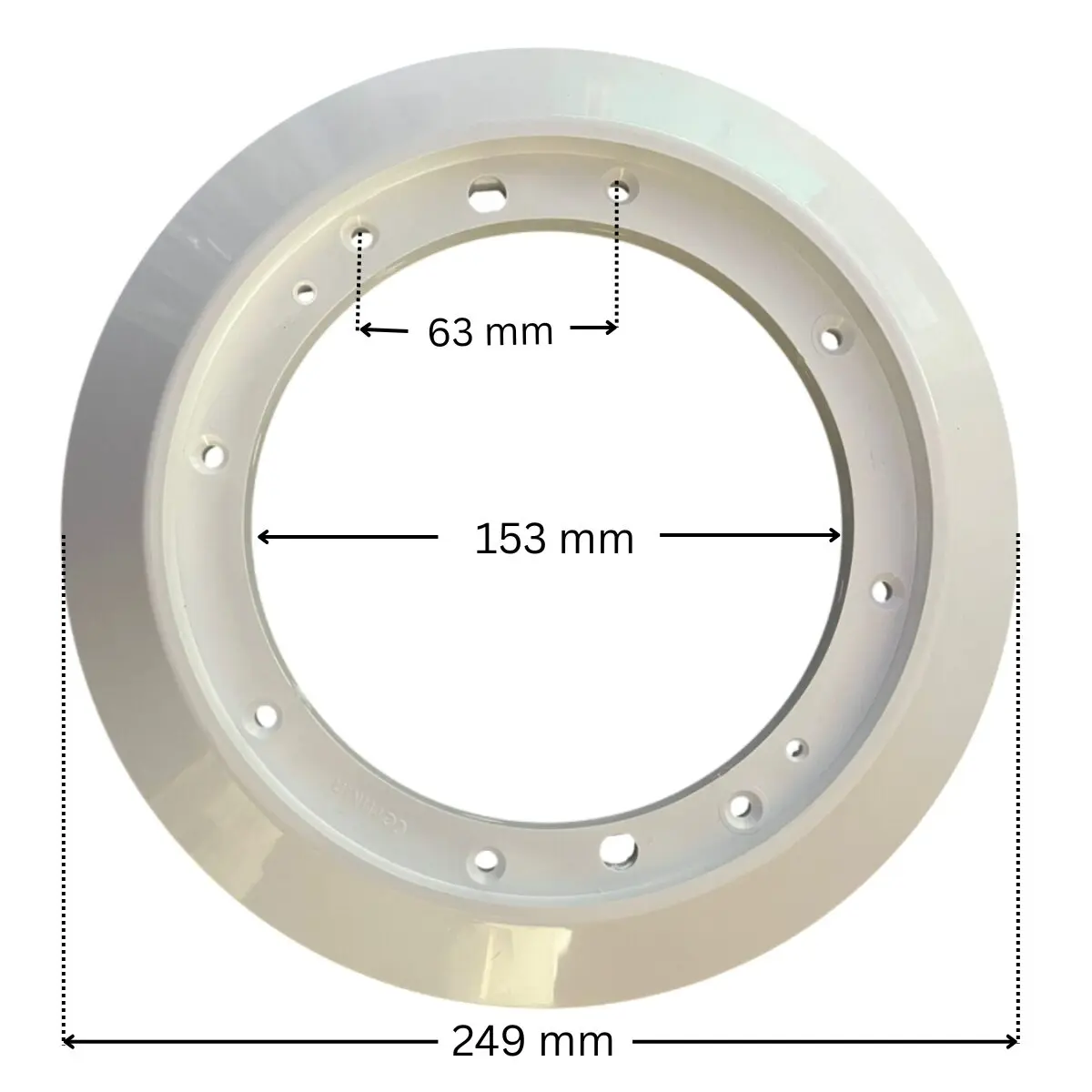 Flangia, vista da sopra, ricambio per scarico di fondo HD33 Certikin con quote dimensionali: diametro interno 153 mm, diametro esterno 249 mm, interasse fori fissaggio viti 63 mm