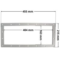 Flangia ricambio per skimmer 3118 e 3119 Cofies con foro centrale rettangolare. Dimensioni indicate: larghezza massima esterna 445 mm, altezza massima esterna 215 mm, larghezza massima interna del foro rettangolare 404 mm, altezza interna del foro rettangolare 163 mm.