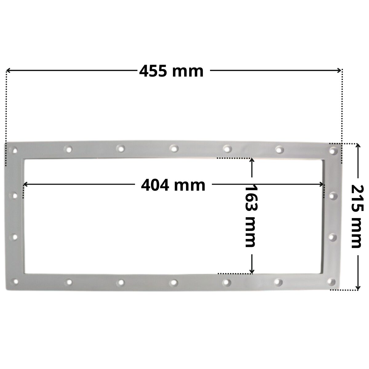 Flangia ricambio per skimmer 3118 e 3119 Cofies con foro centrale rettangolare. Dimensioni indicate: larghezza massima esterna 445 mm, altezza massima esterna 215 mm, larghezza massima interna del foro rettangolare 404 mm, altezza interna del foro rettangolare 163 mm.
