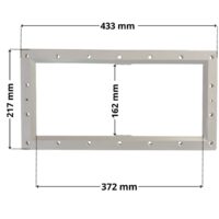 Flangia ricambio per skimmer bocca larga Pool's con quote dimensionali: : larghezza massima esterna 372 mm, altezza massima esterna 217 mm, larghezza minima interna del foro rettangolare 372 mm, altezza interna del foro rettangolare 162 mm.