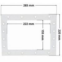 Flangia ricambio per skimmer bocca piccola Pool's con foro centrale rettangolare. Dimensioni indicate: larghezza massima esterna 285 mm, altezza massima esterna 220 mm, larghezza massima interna del foro rettangolare 222 mm, altezza interna del foro rettangolare 155 mm.