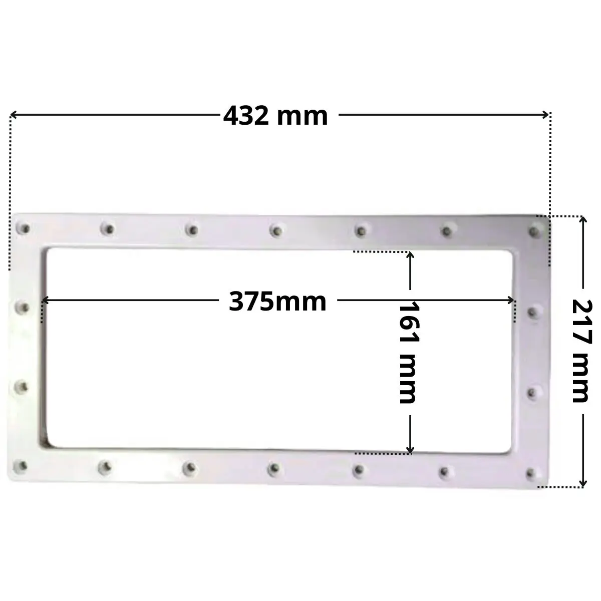 Flangia ricambio per skimmer Classic Weltico con quote dimensionali: larghezza massima esterna 432 mm, larghezza massima interna 375 mm, altezza massima interna 161 mm, altezza massima esterna 217 mm.