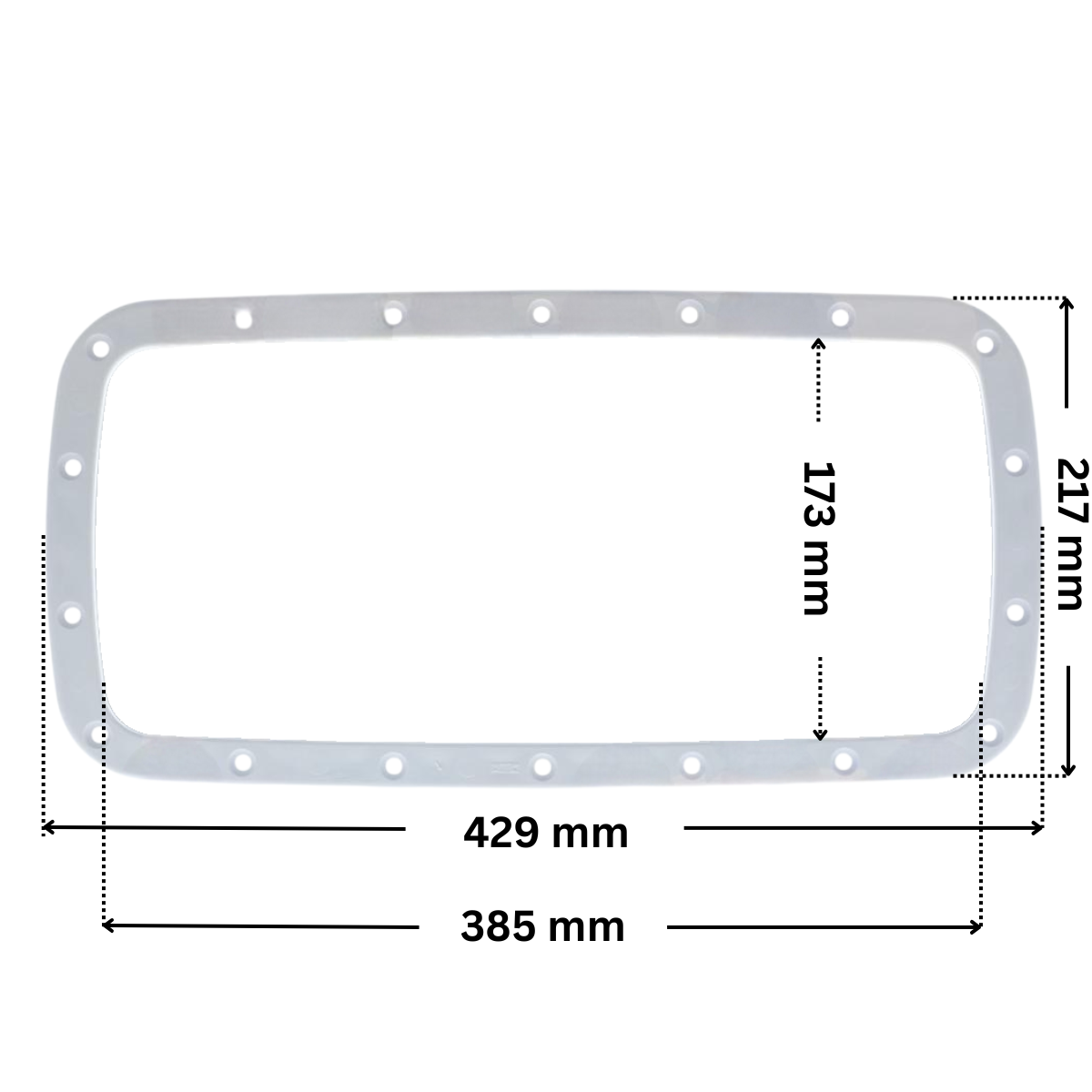 Flangia ricambio per skimmer Elegance A400 Weltico con foro centrale. Dimensioni indicate: larghezza massima esterna 429 mm, altezza massima esterna 217 mm, larghezza massima interna del foro rettangolare 385 mm, altezza interna del foro rettangolare 173 mm.