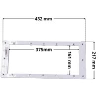 Flangia ricambio per skimmer HD100 Certikin con foro centrale rettangolare. Dimensioni indicate: larghezza massima esterna 432 mm, altezza massima esterna 217 mm, larghezza massima interna del foro rettangolare 375 mm, altezza interna del foro rettangolare 161 mm.