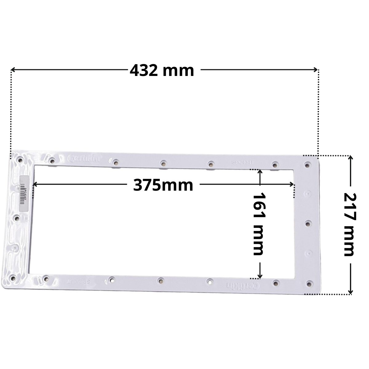 Flangia ricambio per skimmer HD100 Certikin con foro centrale rettangolare. Dimensioni indicate: larghezza massima esterna 432 mm, altezza massima esterna 217 mm, larghezza massima interna del foro rettangolare 375 mm, altezza interna del foro rettangolare 161 mm.