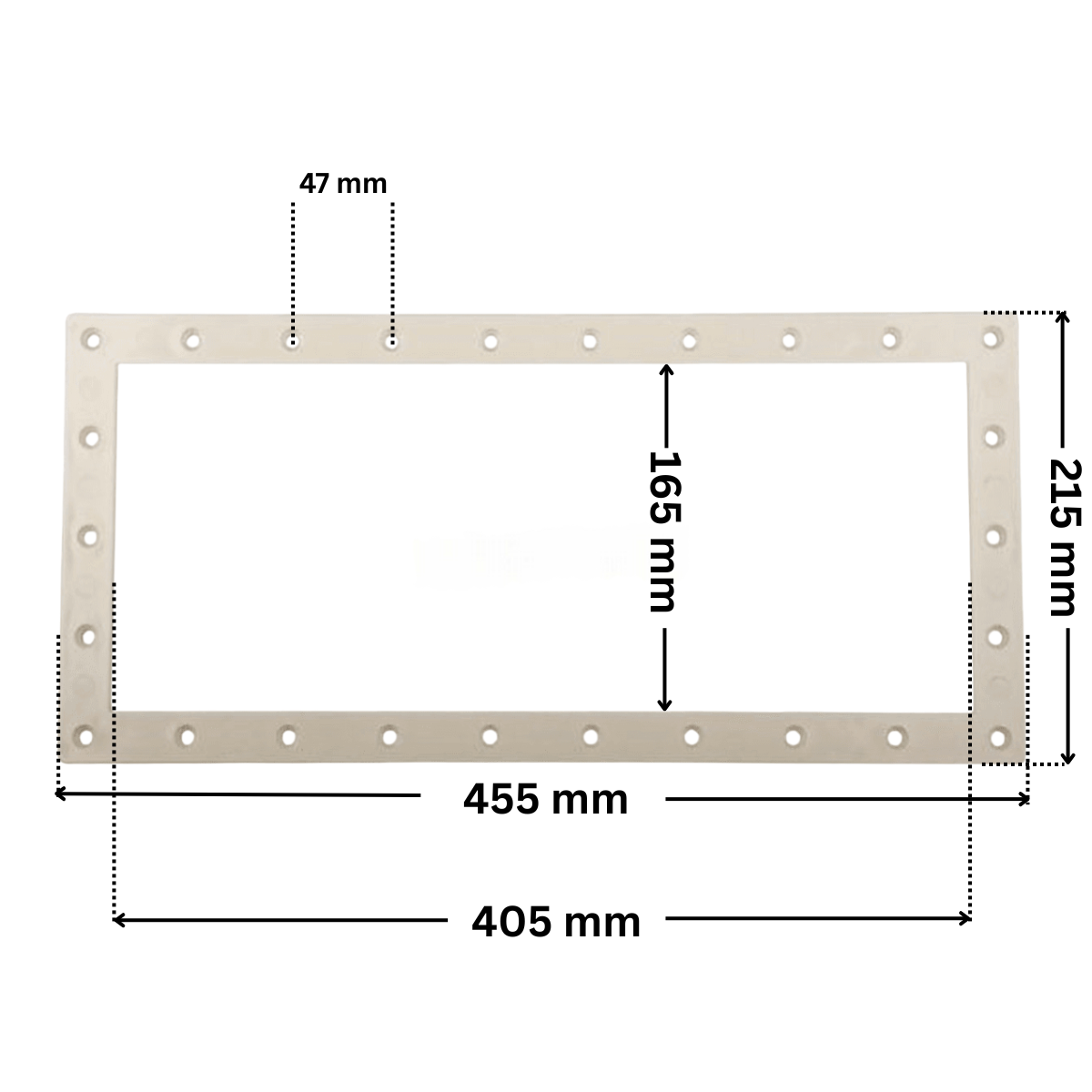 Flangia ricambio per skimmer SNTE. Dimensioni indicate: larghezza massima esterna 455 mm, altezza massima esterna 215 mm, larghezza massima interna del foro rettangolare 405 mm e altezza massima esterna 165 mm. Interasse fori fissaggio viri superiore 47 mm.