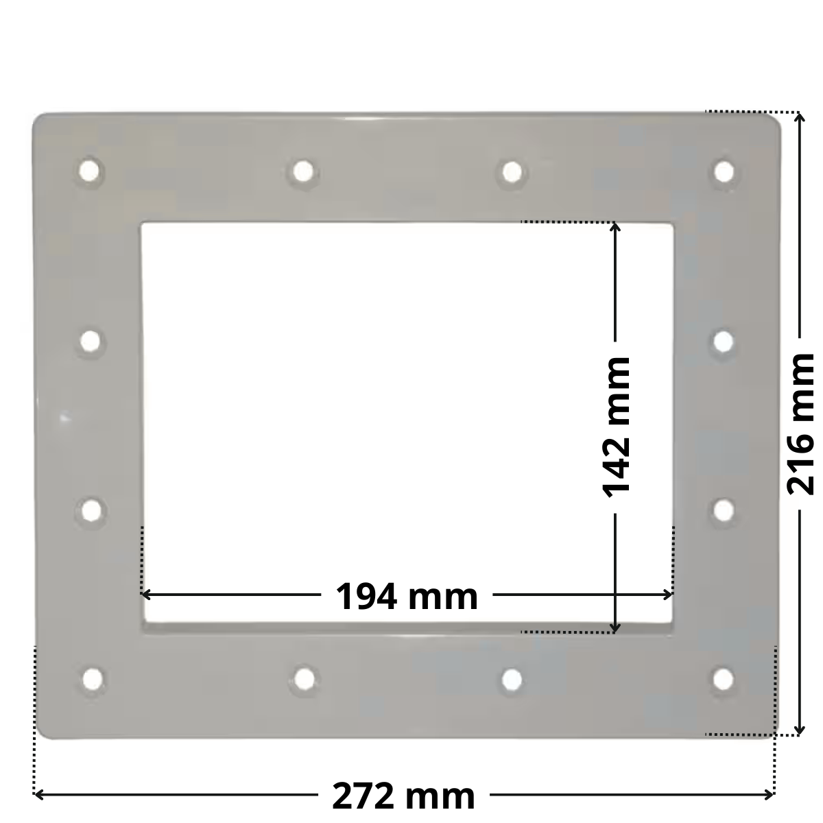 Flangia ricambio per skimmer SP1082, SP1084 Hayward, forma rettangolare con foro centrale rettangolare. Dimensioni indicate: larghezza esterna 272 mm, altezza esterna 216 mm, larghezza interna del foro rettangolare 194 mm, altezza interna del foro rettangolare 142 mm.