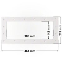 Flangia ricambio per skimmer SP1085, SP1085C Hayward, forma rettangolare con foro centrale rettangolare. Dimensioni indicate: larghezza esterna 464 mm, altezza esterna 219 mm, larghezza interna del foro rettangolare 386 mm, altezza interna del foro rettangolare 142 mm.