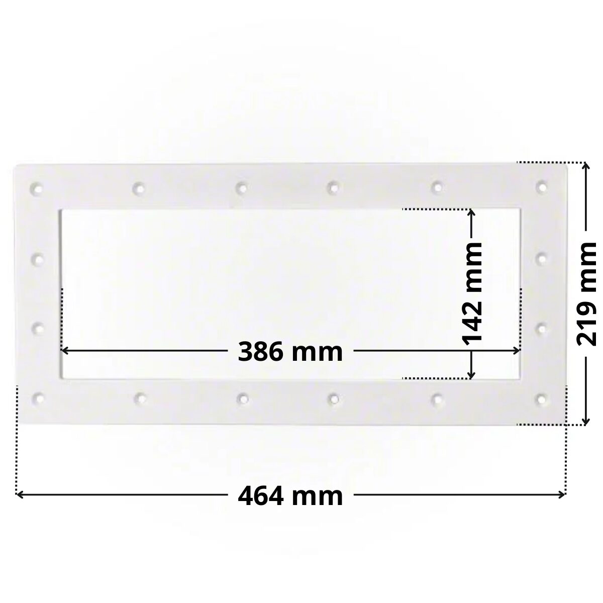 Flangia ricambio per skimmer SP1085, SP1085C Hayward, forma rettangolare con foro centrale rettangolare. Dimensioni indicate: larghezza esterna 464 mm, altezza esterna 219 mm, larghezza interna del foro rettangolare 386 mm, altezza interna del foro rettangolare 142 mm.
