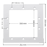Flangia ricambio per skimmer piscina Hayward SP1090, forma rettangolare con foro centrale rettangolare. Dimensioni indicate: larghezza esterna 211 mm, altezza esterna 204 mm, larghezza interna del foro rettangolare 150 mm, altezza interna del foro rettangolare 144 mm; interasse orizzontale fori superiori 60 mm; interasse verticale dei due fori laterali 54 mm.