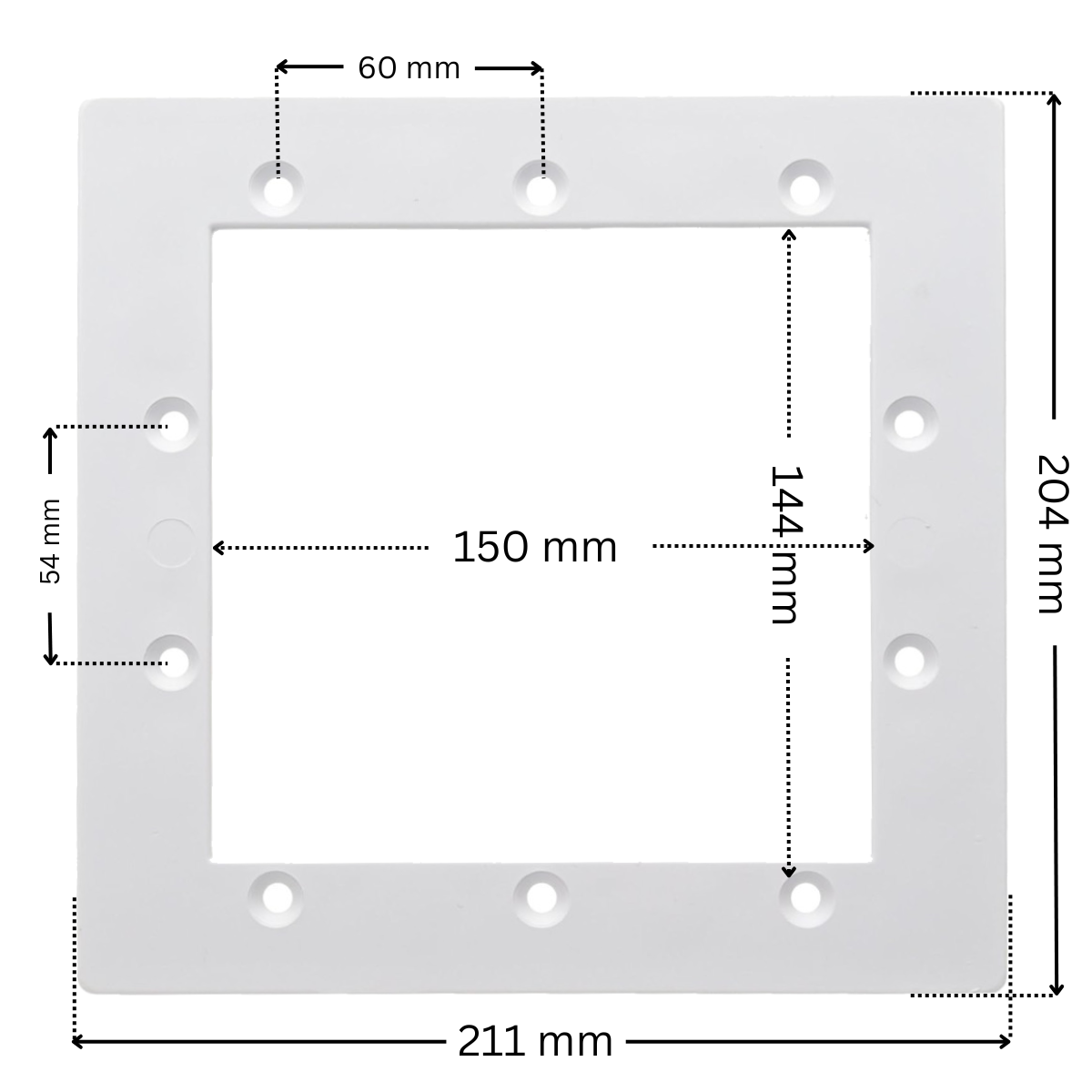 Flangia ricambio per skimmer piscina Hayward SP1090, forma rettangolare con foro centrale rettangolare. Dimensioni indicate: larghezza esterna 211 mm, altezza esterna 204 mm, larghezza interna del foro rettangolare 150 mm, altezza interna del foro rettangolare 144 mm; interasse orizzontale fori superiori 60 mm; interasse verticale dei due fori laterali 54 mm.