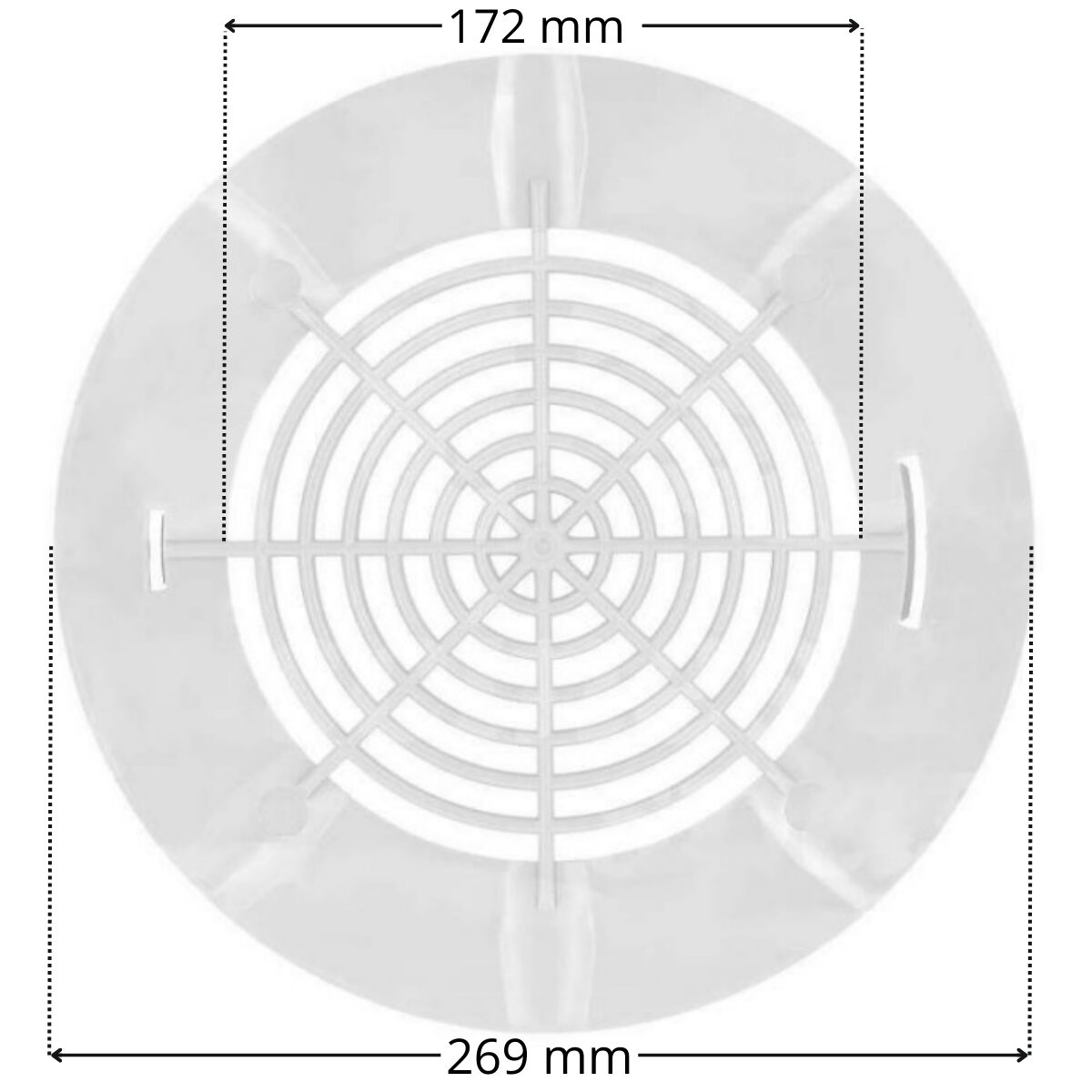 Griglia piatta ricambio per scarico di fondo Aquareva con quote dimensionali: diametro esterno 269 mm e diametro parte grigliata 172 mm