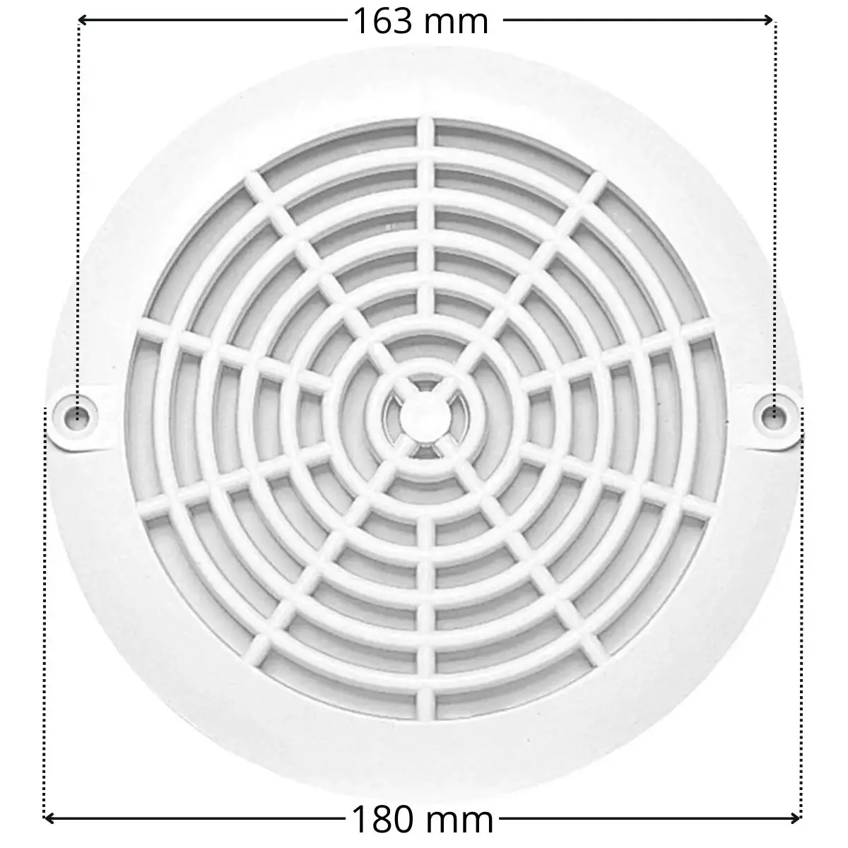 Griglia piatta, ricambio per scarico di fondo BL211 Aquareva con quote dimensionali: diametro esterno 180 mm e interasse fori fissaggio viti 163 mm
