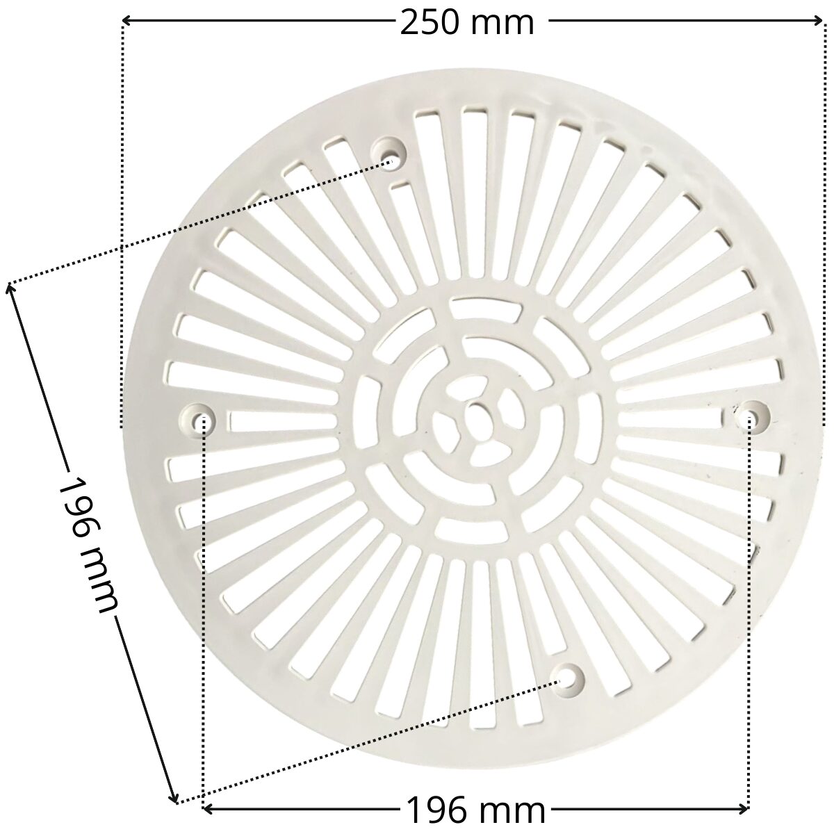 Griglia antivortice e viti fissaggio, ricambio per scarico di fondo diametro 270 mm Astralpool con quote dimensionali: diametro esterno 250 mm e interasse fori fissaggio viti 196 mm