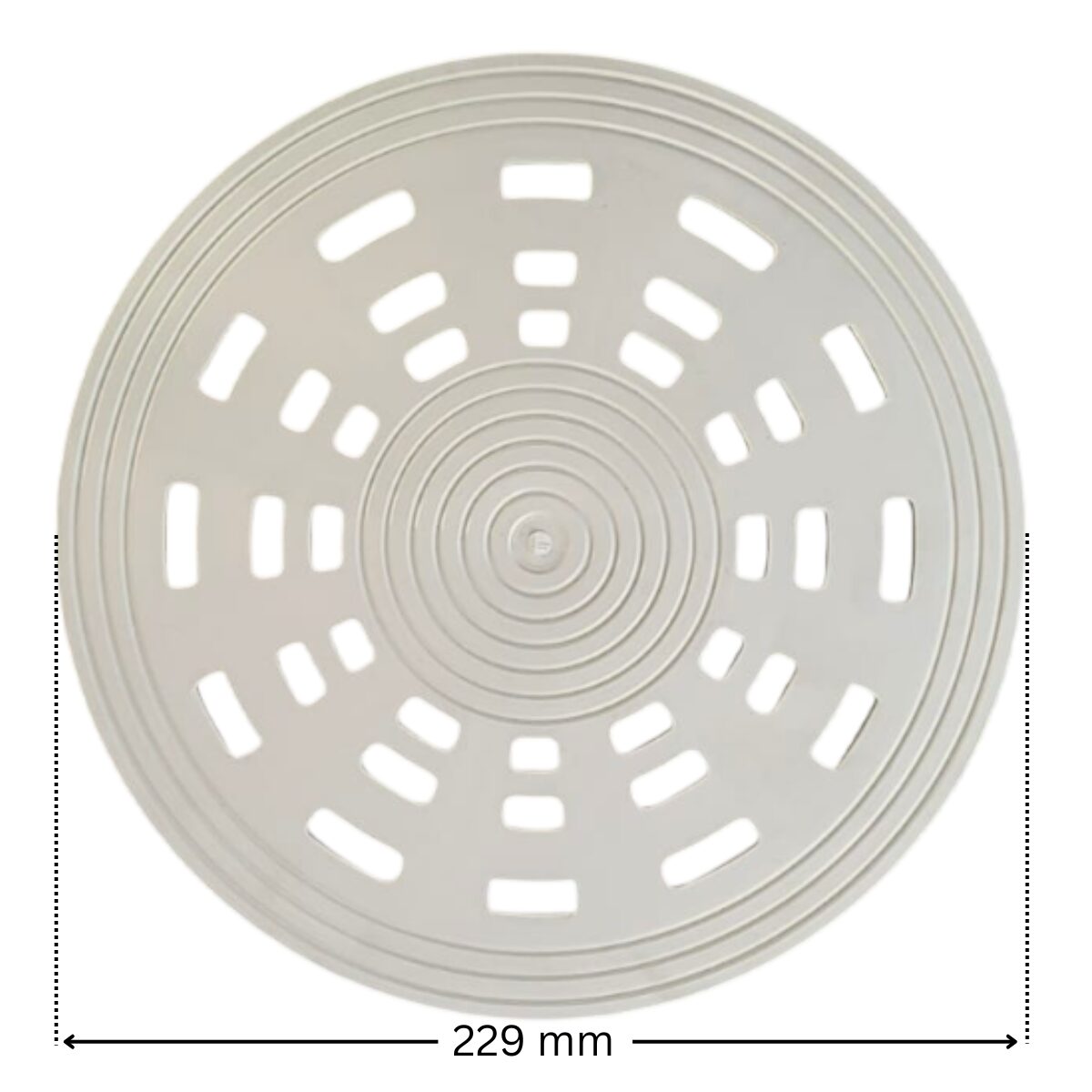 Griglia piatta, vista da sotto, ricambio per scarico di fondo per piscine rivestite in piastrelle Pool’s con quote dimensionali: diametro collare interno 208 mm