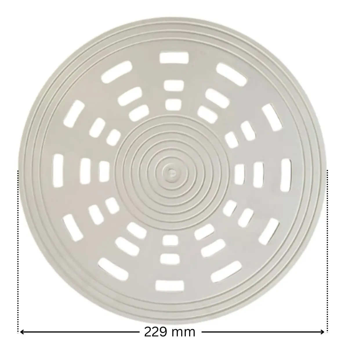 Griglia piatta, vista da sotto, ricambio per scarico di fondo per piscine rivestite in piastrelle Pool’s con quote dimensionali: diametro collare interno 208 mm