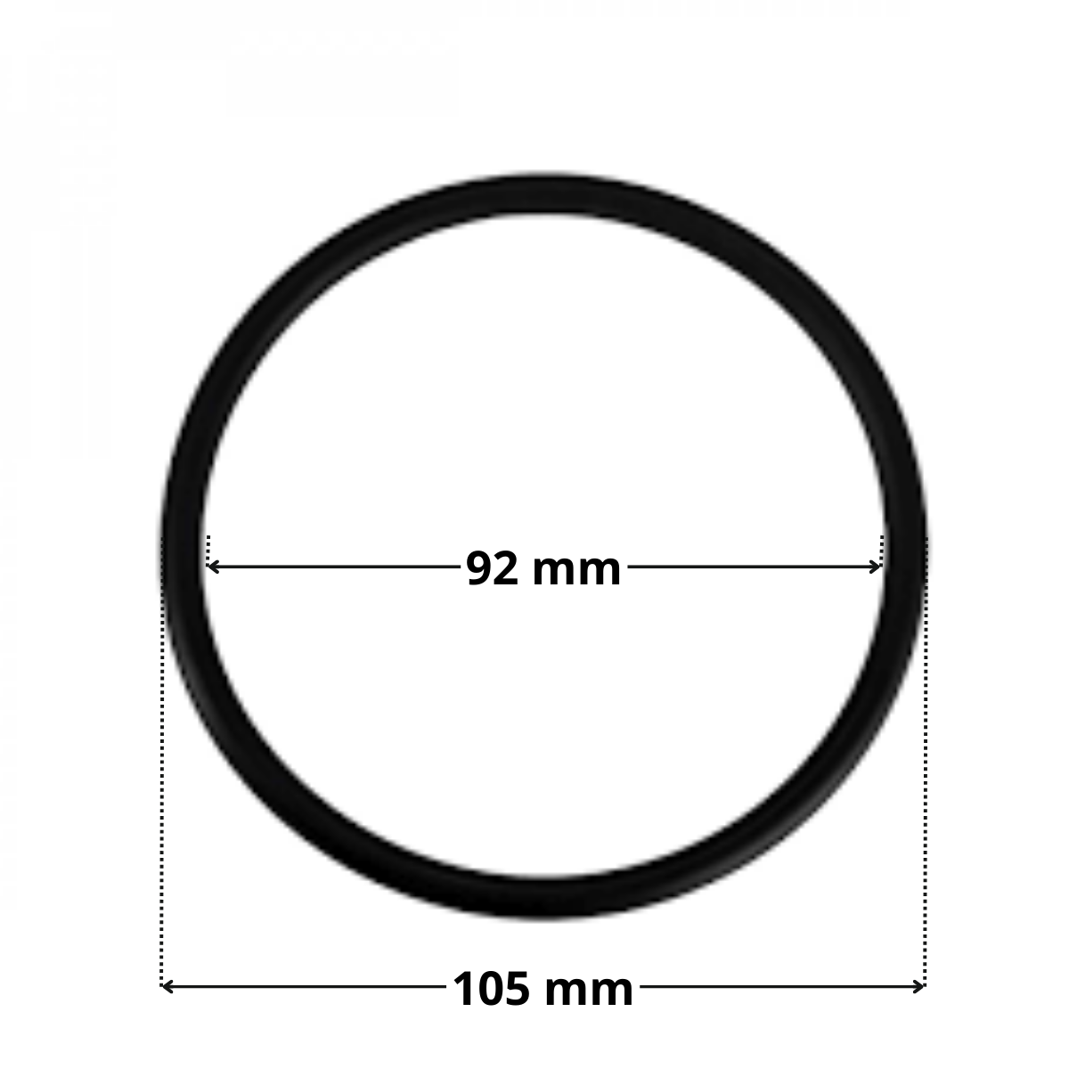 Guarnizione lampada ricambio per faro subacqueo Cofies con quote dimensionali: diametro esterno 105 mm e diametro interno 92 mm.