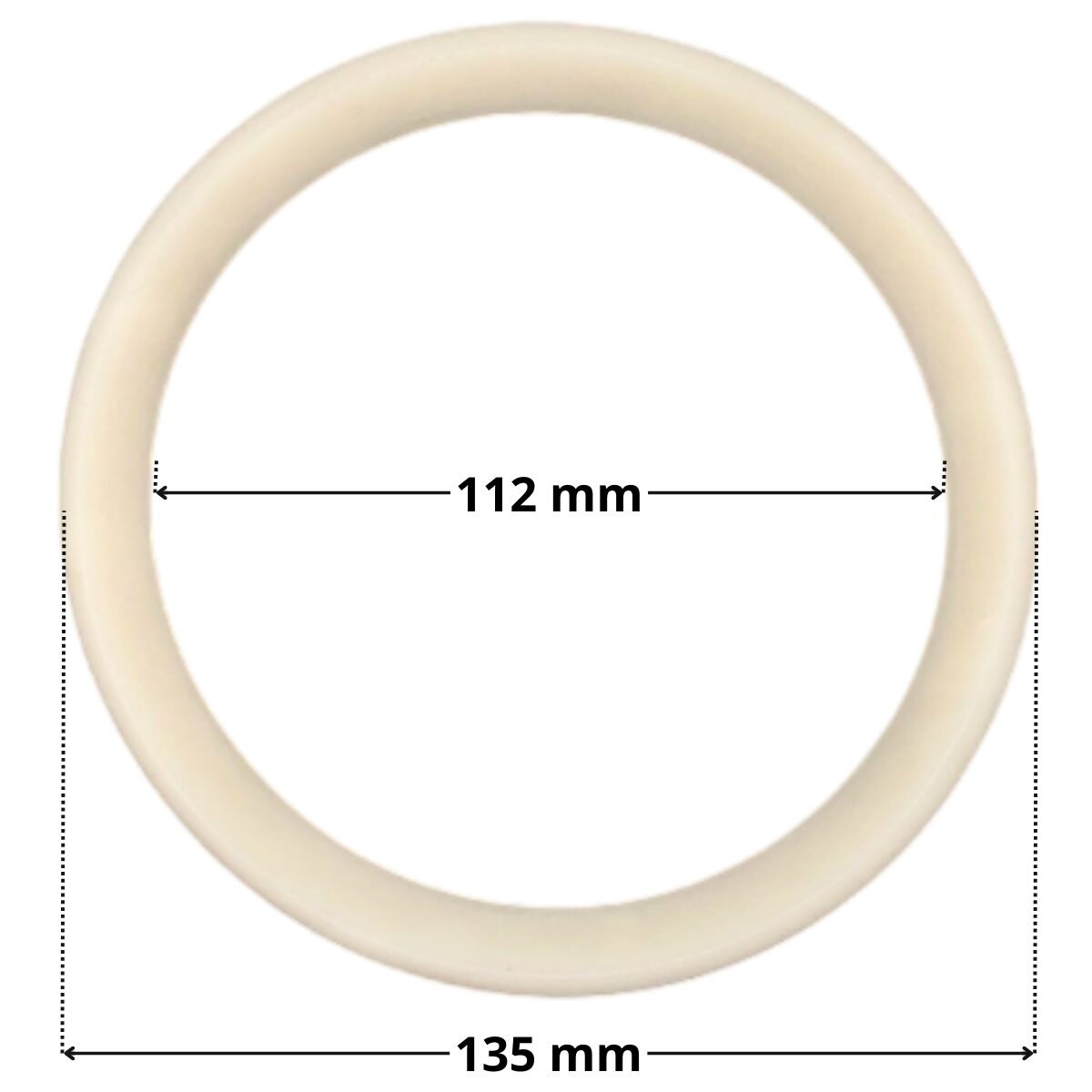 Vista frontale della guarnizione lampada ricambio per faro subacqueo PL-PB84 PL-PB96 Aquareva con quote dimensionali: diametro esterno 135 mm e diametro interno 112 mm.