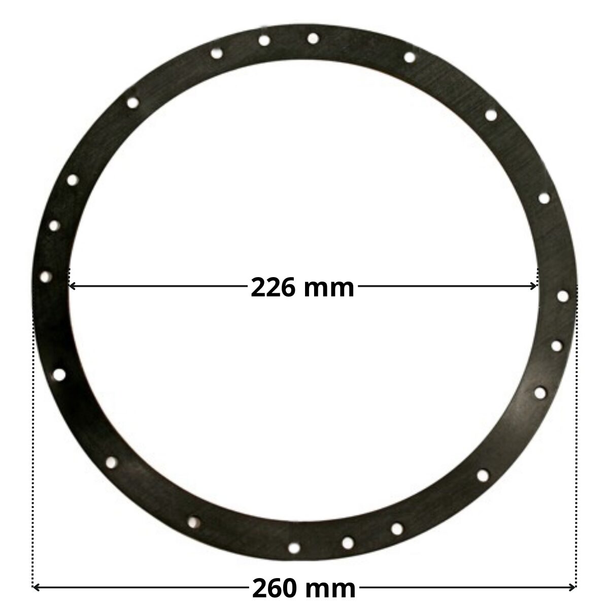 Guarnizione ricambio per faro subacqueo Cofies, con quote dimensionali; diametro esterno 260 mm e diametro interno 226 mm.