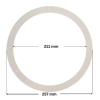 Guarnizione ricambio per faro subacqueo Elegance Weltico, con quote dimensionali; diametro esterno 257 mm e diametro interno 211 mm.