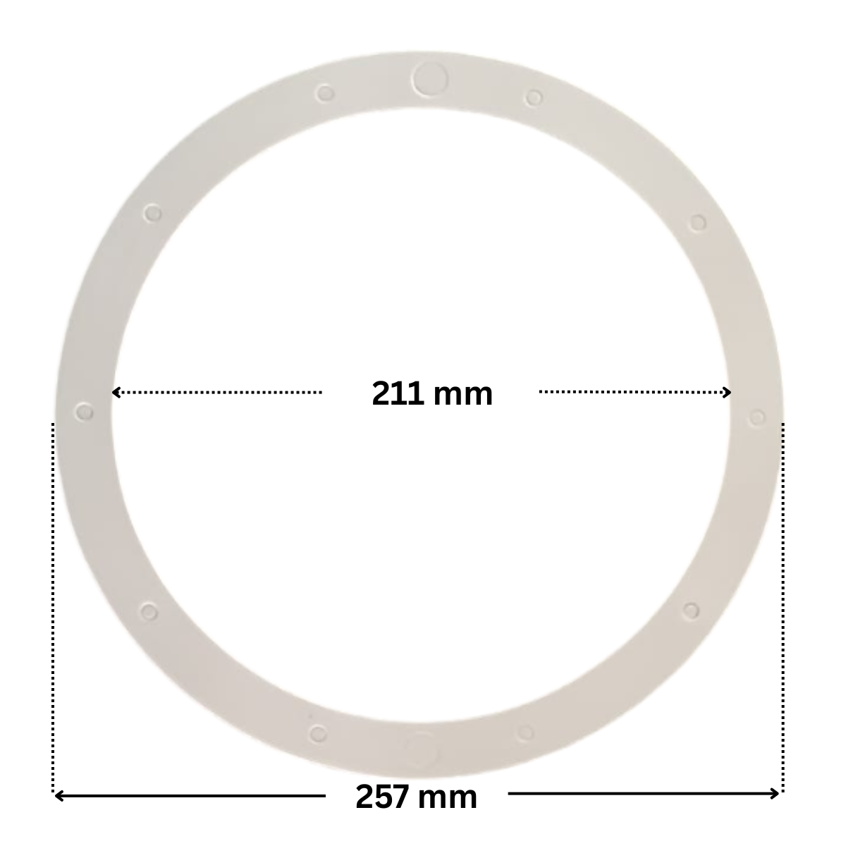 Guarnizione ricambio per faro subacqueo Elegance Weltico, con quote dimensionali; diametro esterno 257 mm e diametro interno 211 mm.