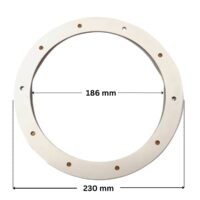 Guarnizione ricambio per faro subacqueo LED diametro 191 mm Pool's, con quote dimensionali; diametro esterno 230 mm, diametro interno 186 mm.