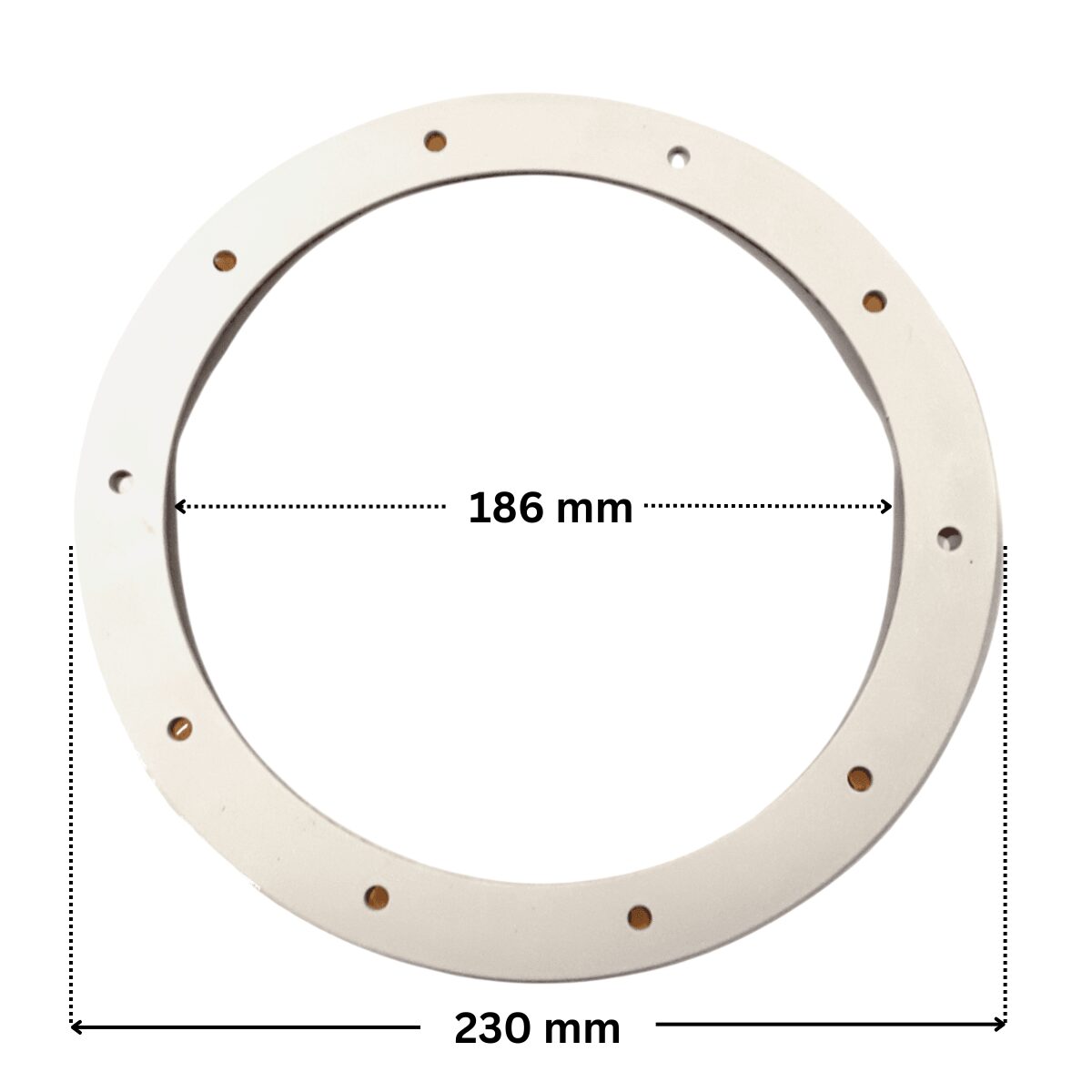Guarnizione ricambio per faro subacqueo LED diametro 191 mm Pool's, con quote dimensionali; diametro esterno 230 mm, diametro interno 186 mm.