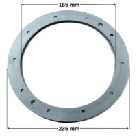 Guarnizione sandwich ricambio per faro subacqueo LED diametro 191 mm Pool's, con quote dimensionali; diametro esterno 236 mm e diametro interno 186 mm.