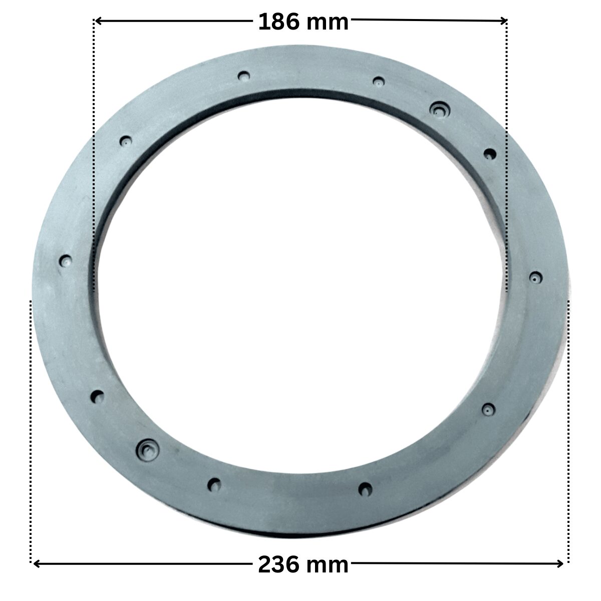 Guarnizione sandwich ricambio per faro subacqueo LED diametro 191 mm Pool's, con quote dimensionali; diametro esterno 236 mm e diametro interno 186 mm.