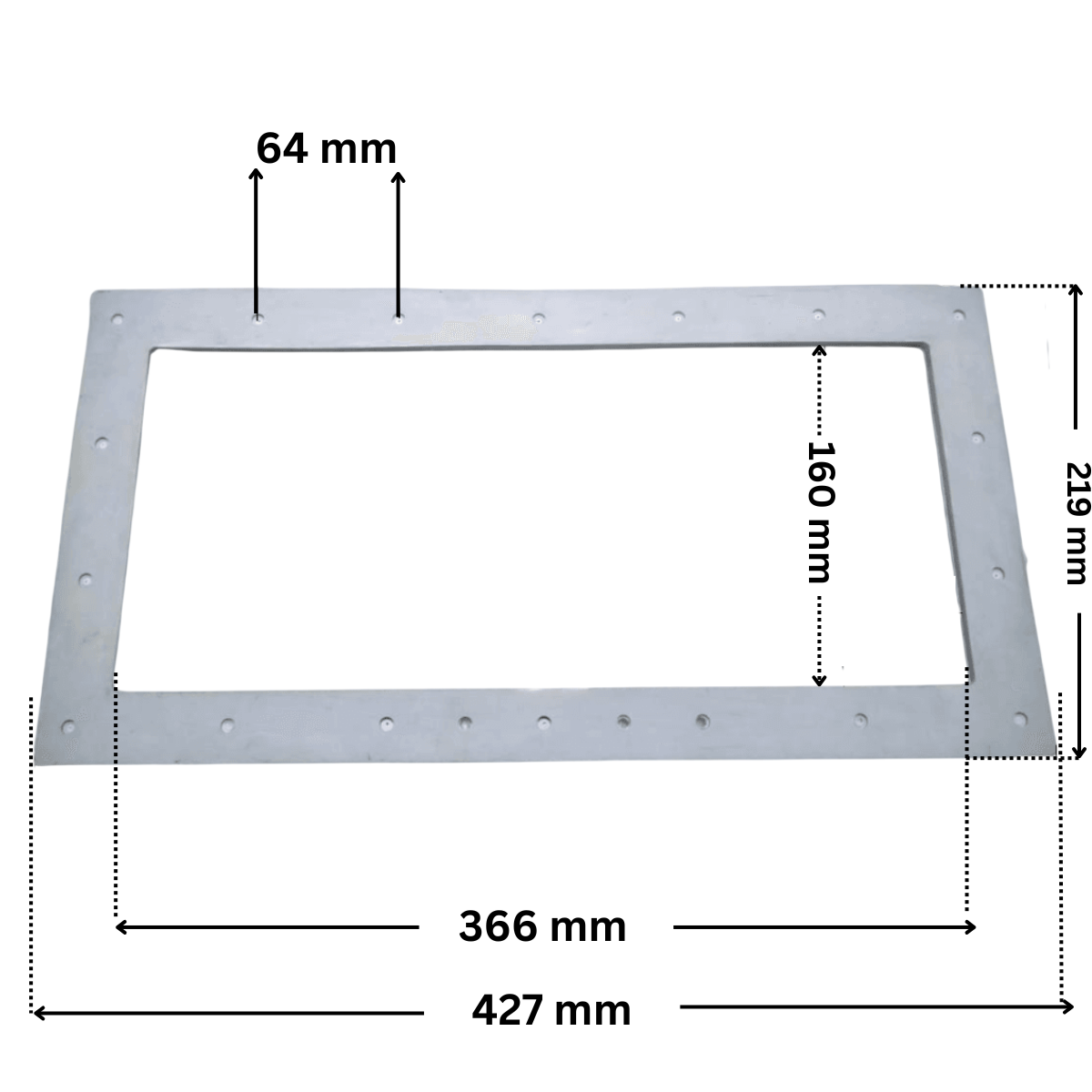 Guarnizione sandwich ricambio per skimmer bocca larga Pool's. Dimensioni indicate: larghezza massima esterna 427 mm, altezza massima esterna 219 mm, larghezza massima interna del foro rettangolare 366 mm e altezza massima esterna 160 mm. Interasse fori fissaggio viri superiore 64,85 mm.