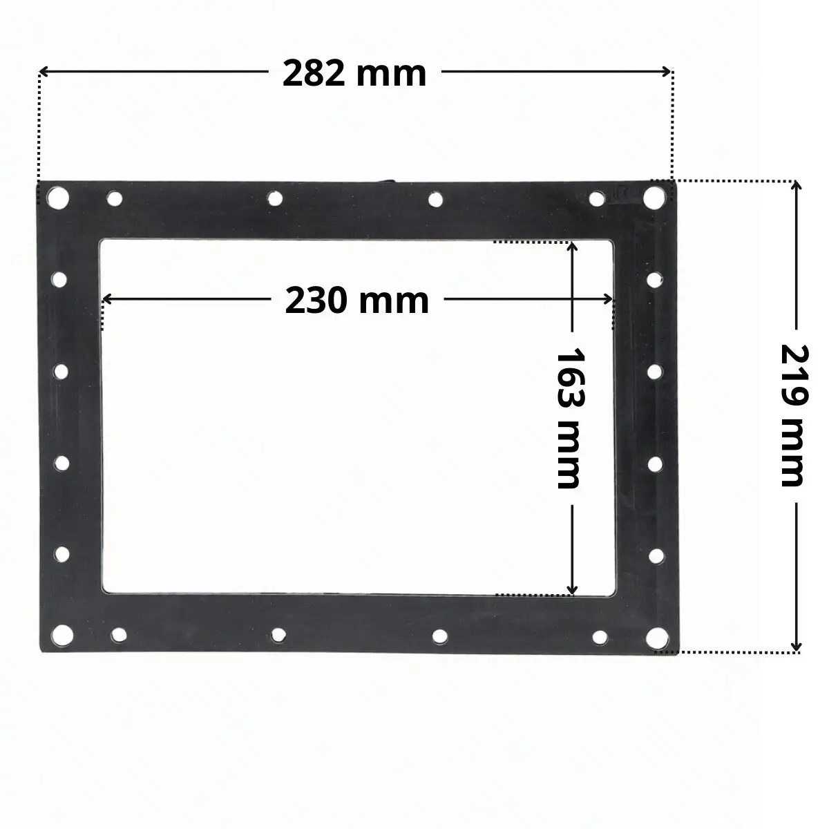 Guarnizione sandwich ricambio per skimmer bocca piccola Pool's, con foro centrale rettangolare. Dimensioni indicate: larghezza massima esterna 282 mm, altezza massima esterna 219 mm, larghezza massima interna del foro rettangolare 230 mm, altezza interna del foro rettangolare 163 mm.
