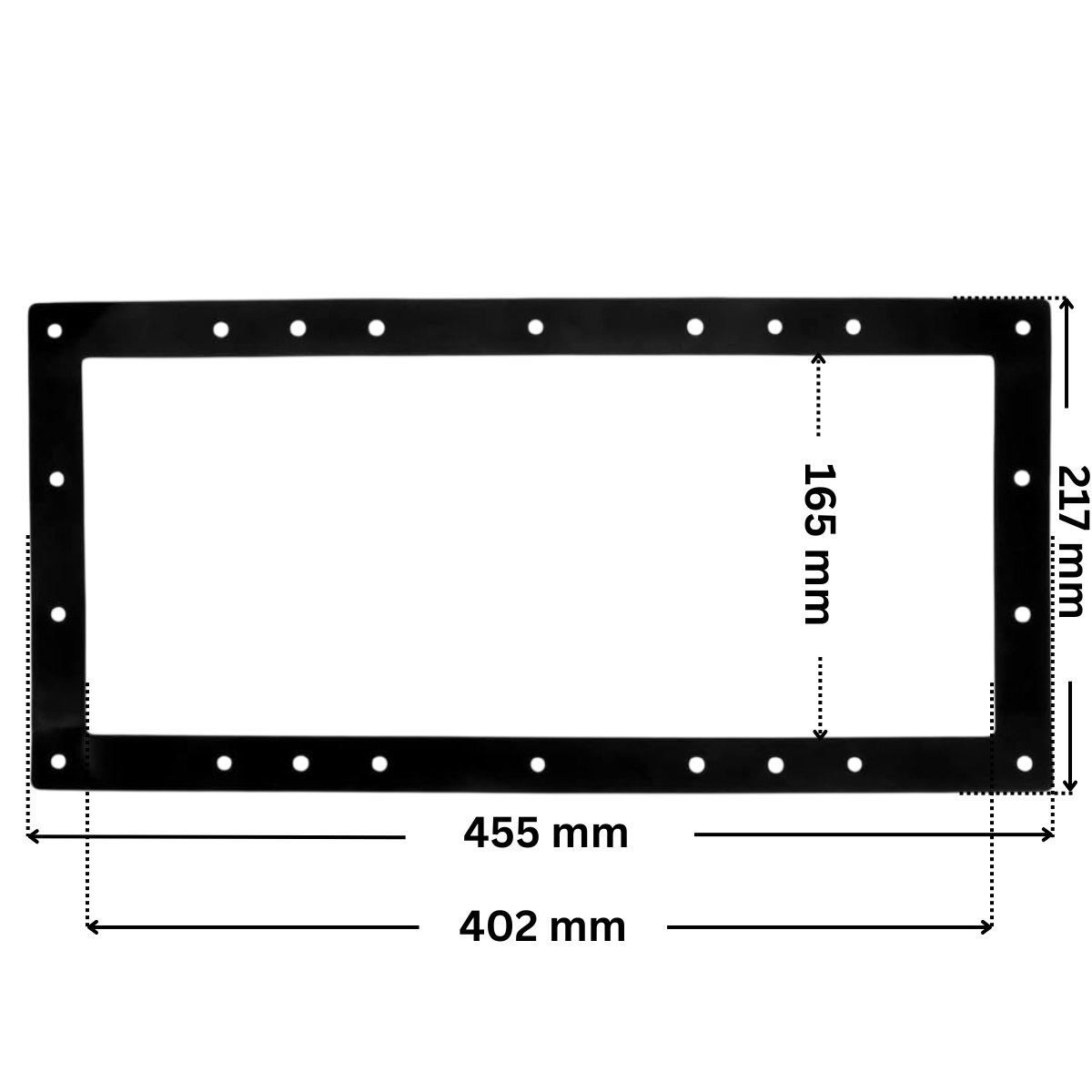 Guarnizione ricambio per per skimmer 3118 e 3119 Cofies con foro centrale. Dimensioni indicate: larghezza massima esterna 455 mm, altezza massima esterna 217 mm, larghezza massima interna del foro rettangolare 402 mm, altezza interna del foro rettangolare 165 mm.