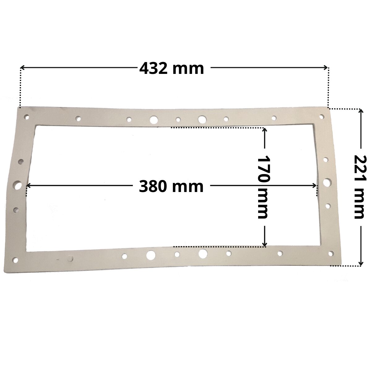 Guarnizione ricambio per skimmer bocca larga Pool's con foro centrale. Dimensioni indicate: larghezza massima esterna 432 mm, altezza massima esterna 221 mm, larghezza massima interna del foro rettangolare 380 mm, altezza interna del foro rettangolare 170 mm.