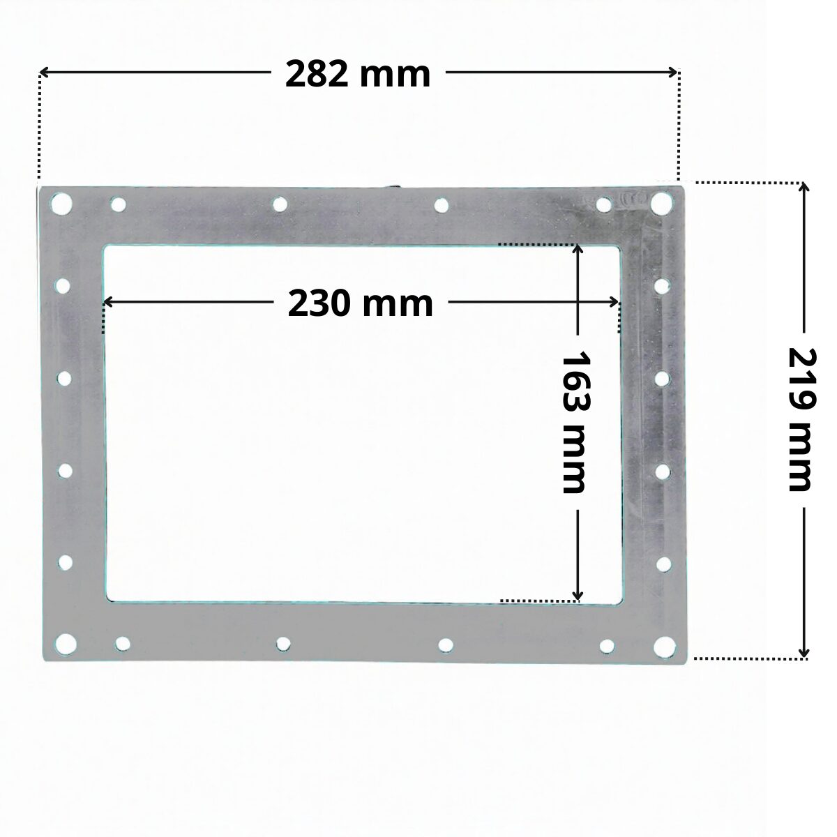 Guarnizione ricambio per skimmer bocca piccola Pool's, con foro centrale rettangolare. Dimensioni indicate: larghezza massima esterna 282 mm, altezza massima esterna 219 mm, larghezza massima interna del foro rettangolare 230 mm, altezza interna del foro rettangolare 163 mm.
