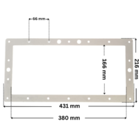 Guarnizione ricambio per skimmer Classic Weltico con foro centrale. Dimensioni indicate: larghezza massima esterna 431 mm, altezza massima esterna 216 mm, larghezza massima interna del foro rettangolare 380 mm, altezza interna del foro rettangolare 166 mm e interasse fori viti 66,05 mm