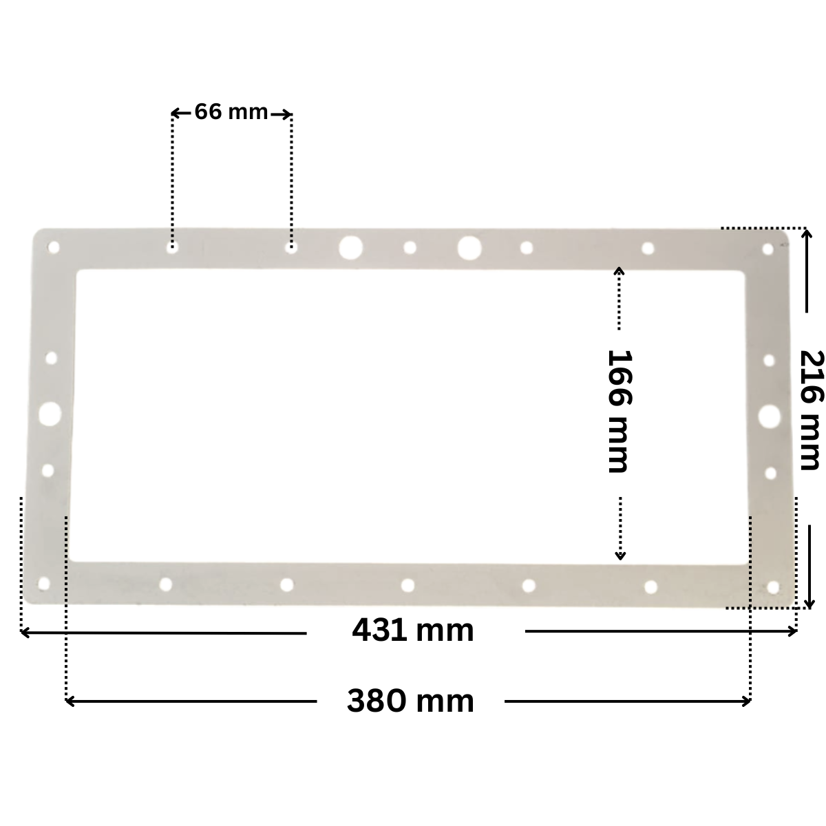 Guarnizione ricambio per skimmer Classic Weltico con foro centrale. Dimensioni indicate: larghezza massima esterna 431 mm, altezza massima esterna 216 mm, larghezza massima interna del foro rettangolare 380 mm, altezza interna del foro rettangolare 166 mm e interasse fori viti 66,05 mm