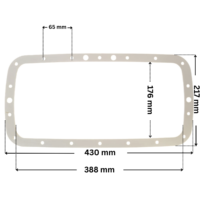 Guarnizione ricambio per skimmer Elegance a400 Weltico con foro centrale. Dimensioni indicate: larghezza massima esterna 430 mm, altezza massima esterna 217 mm, altezza massima interna 176 mm, larghezza massima interna 388 mm e interasse fori viti 65 mm