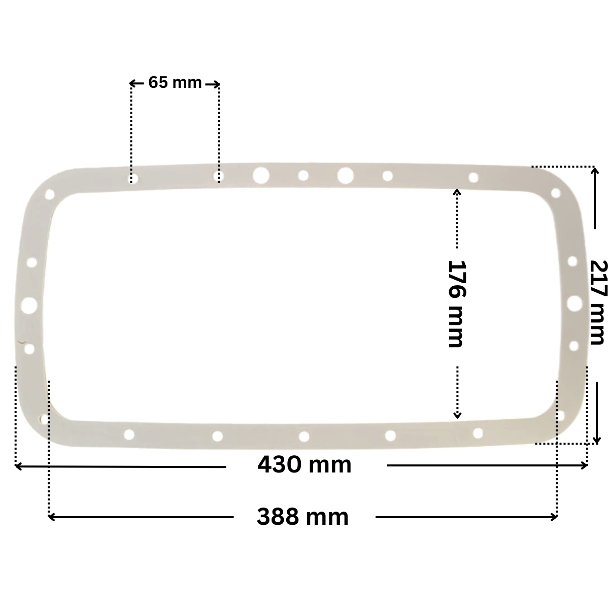 Guarnizione ricambio per skimmer Elegance a400 Weltico con foro centrale. Dimensioni indicate: larghezza massima esterna 430 mm, altezza massima esterna 217 mm, altezza massima interna 176 mm, larghezza massima interna 388 mm e interasse fori viti 65 mm