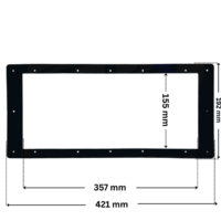 Guarnizione ricambio per skimmer hd100 Certikin con foro centrale. Dimensioni indicate: larghezza massima esterna 421 mm, altezza massima esterna 192 mm, larghezza massima interna del foro rettangolare 357 mm e altezza massima esterna 155 mm